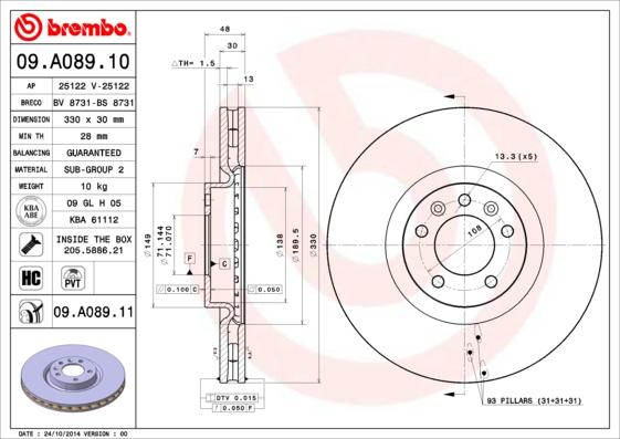 Brembo 09.A089.10 - Bremžu diski www.autospares.lv