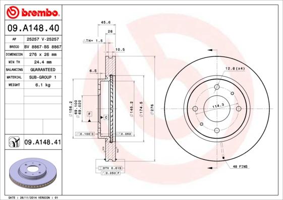 Brembo 09.A148.41 - Bremžu diski www.autospares.lv