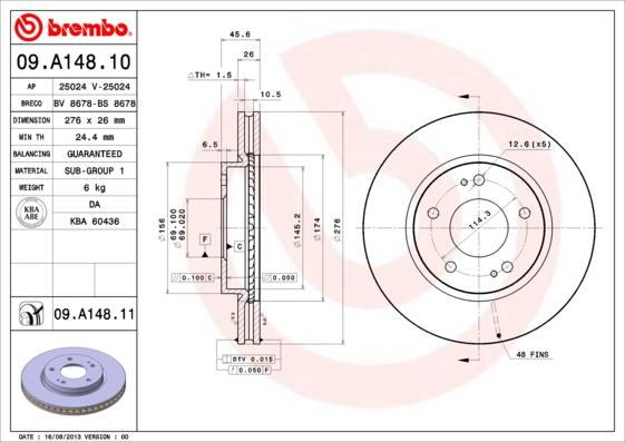 Brembo 09.A148.10 - Bremžu diski www.autospares.lv