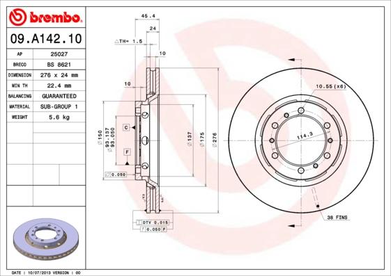 Brembo 09.A142.10 - Bremžu diski www.autospares.lv