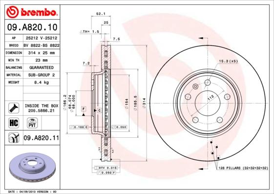 Brembo 09.A820.11 - Bremžu diski www.autospares.lv