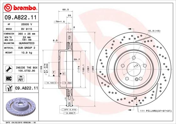 Brembo 09.A822.11 - Bremžu diski www.autospares.lv