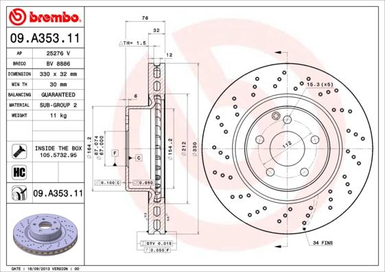 Brembo 09.A353.11 - Bremžu diski www.autospares.lv