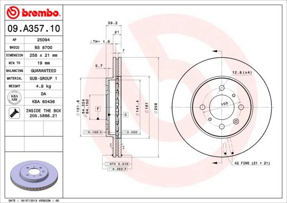 Brembo 09.A357.10 - Bremžu diski www.autospares.lv