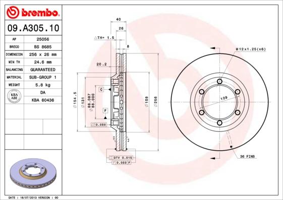 Brembo 09.A305.10 - Bremžu diski www.autospares.lv