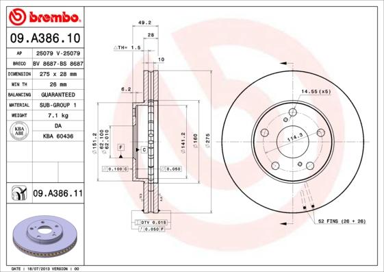 Brembo 09.A386.10 - Тормозной диск www.autospares.lv