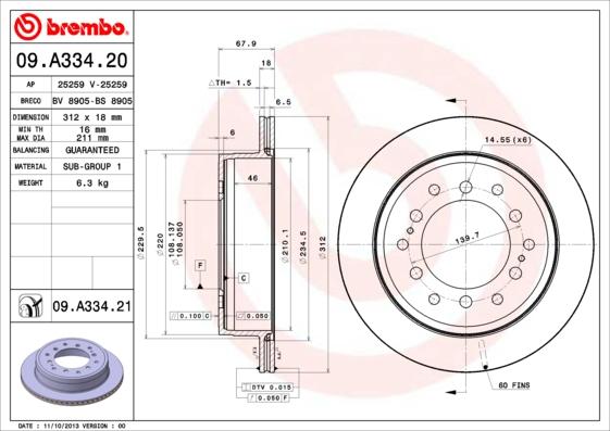 Brembo 09.A334.21 - Bremžu diski www.autospares.lv