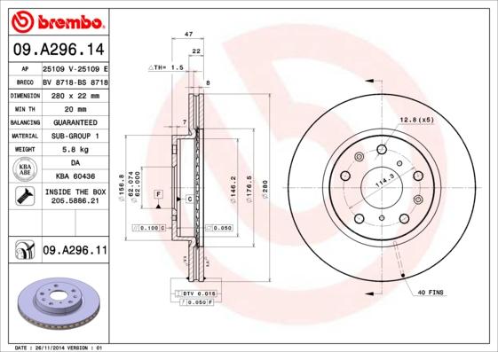 Brembo 09.A296.11 - Bremžu diski www.autospares.lv