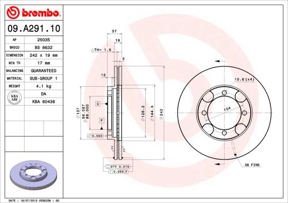 Brembo 09.A291.10 - Bremžu diski autospares.lv