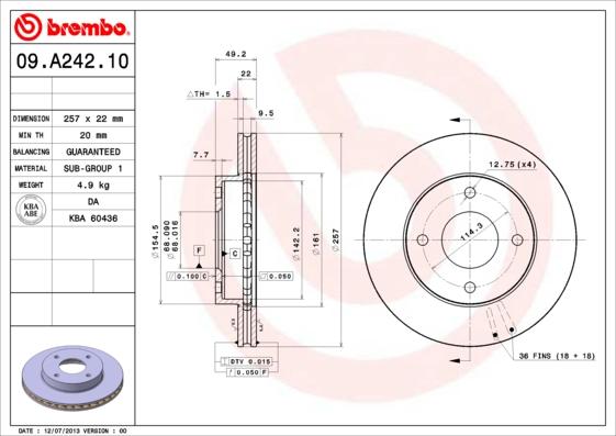 Brembo 09.A242.10 - Bremžu diski www.autospares.lv