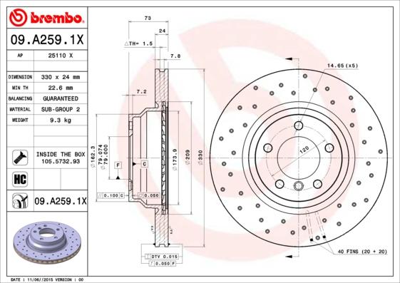 Brembo 09.A259.1X - Тормозной диск www.autospares.lv