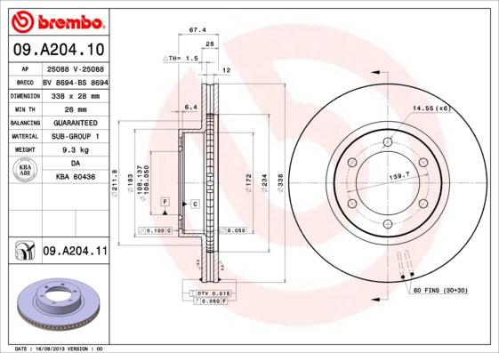 Brembo 09.A204.11 - Bremžu diski www.autospares.lv