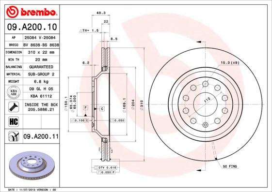 Brembo 09.A200.10 - Bremžu diski www.autospares.lv