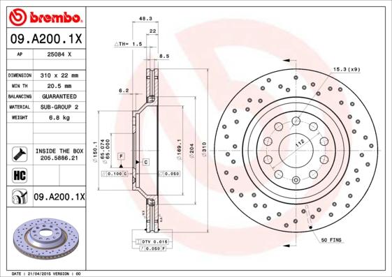 Brembo 09.A200.1X - Bremžu diski www.autospares.lv