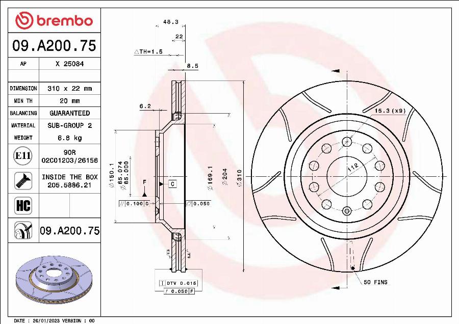 Brembo 09.A200.75 - Bremžu diski www.autospares.lv