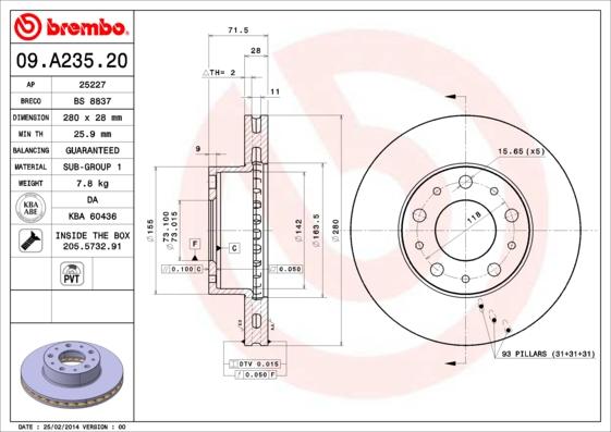 Brembo 09.A235.20 - Bremžu diski autospares.lv