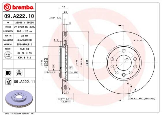 Brembo 09.A222.10 - Bremžu diski www.autospares.lv