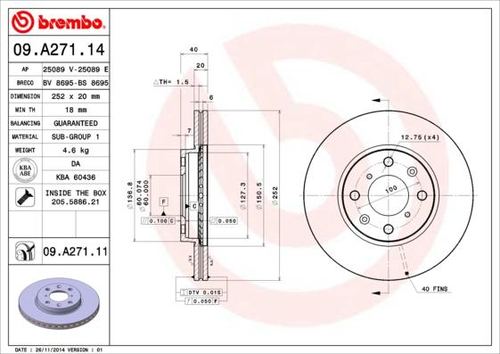 Brembo 09.A271.11 - Bremžu diski www.autospares.lv