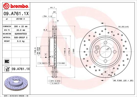 Brembo 09.A761.1X - Bremžu diski www.autospares.lv