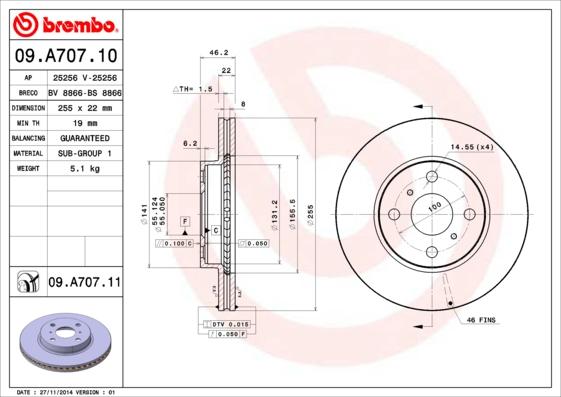 Brembo 09.A707.10 - Bremžu diski www.autospares.lv