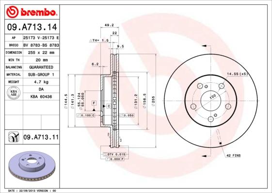 Brembo 09.A713.14 - Bremžu diski www.autospares.lv