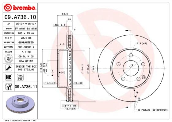 Brembo 09.A736.10 - Bremžu diski www.autospares.lv