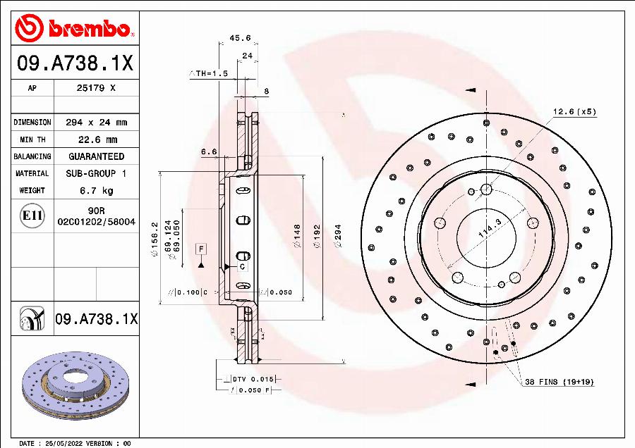 Brembo 09.A738.1X - Bremžu diski autospares.lv