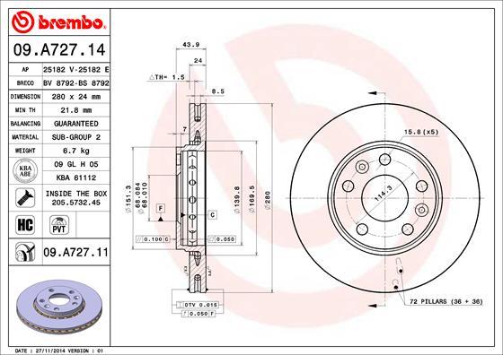 Brembo 09.A727.11 - Bremžu diski www.autospares.lv