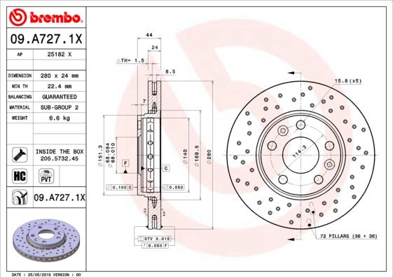 Brembo 09.A727.1X - Bremžu diski www.autospares.lv