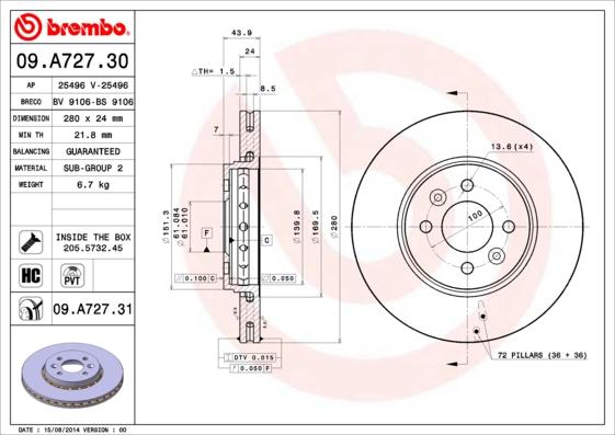 Brembo 09.A727.30 - Bremžu diski autospares.lv