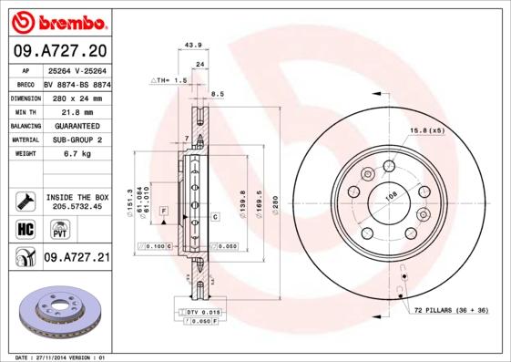 Brembo 09.A727.20 - Bremžu diski www.autospares.lv