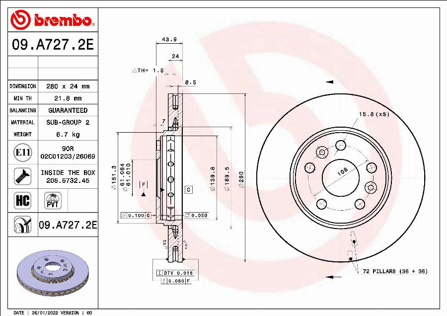 Brembo 09.A727.2E - Bremžu diski www.autospares.lv