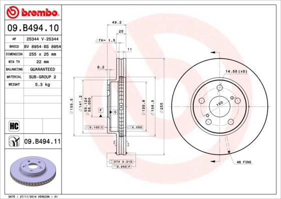 Brembo 09.B494.11 - Bremžu diski www.autospares.lv