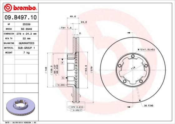 Brembo 09.B497.10 - Bremžu diski autospares.lv