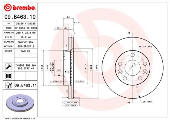 Brembo 09.B463.11 - Bremžu diski www.autospares.lv