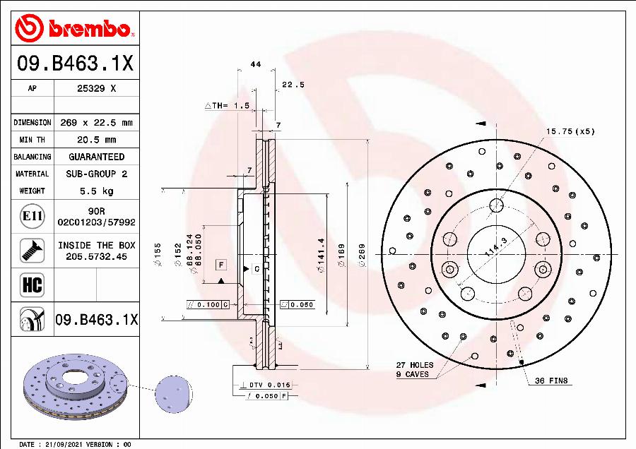 Brembo 09.B463.1X - Bremžu diski www.autospares.lv