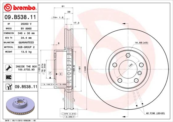 Brembo 09.B538.11 - Bremžu diski www.autospares.lv