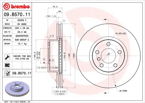 Brembo 09.B570.11 - Bremžu diski www.autospares.lv