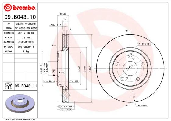 Brembo 09.B043.10 - Bremžu diski www.autospares.lv