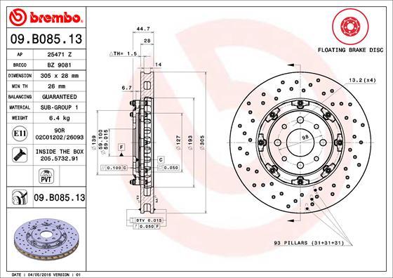 Brembo 09.B085.13 - Тормозной диск www.autospares.lv