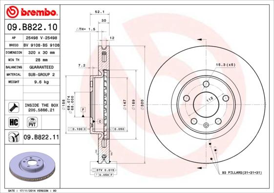 Brembo 09.B822.10 - Bremžu diski autospares.lv