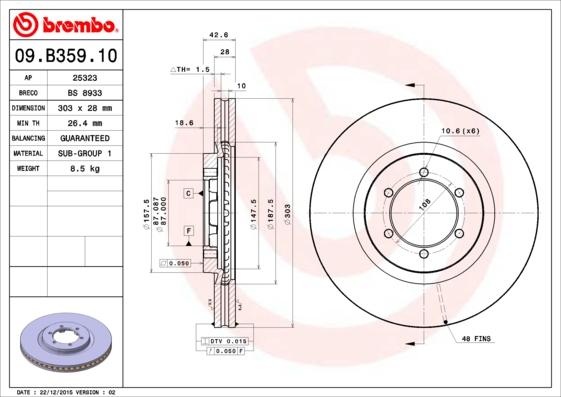 Brembo 09.B359.10 - Bremžu diski www.autospares.lv