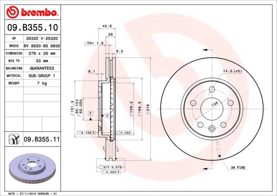 Brembo 09.B355.10 - Bremžu diski autospares.lv