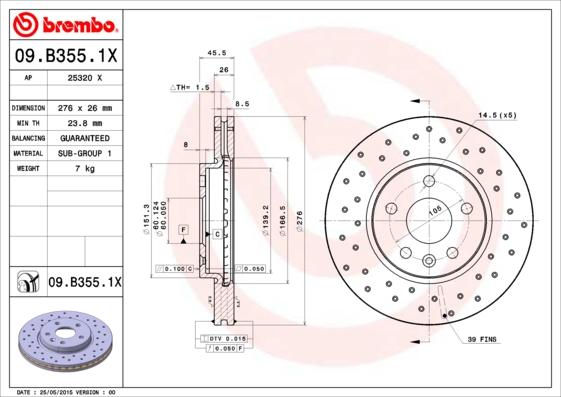 Brembo 09.B355.1X - Bremžu diski www.autospares.lv