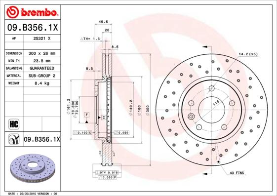 Brembo 09.B356.1X - Bremžu diski autospares.lv