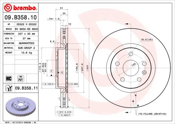 Brembo 09.B358.11 - Bremžu diski www.autospares.lv