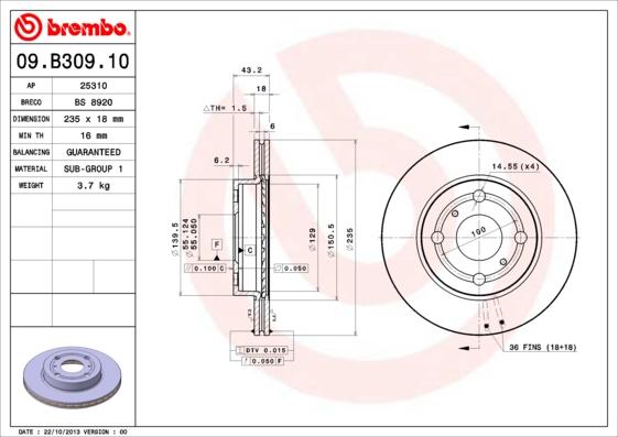 Brembo 09.B309.10 - Тормозной диск www.autospares.lv