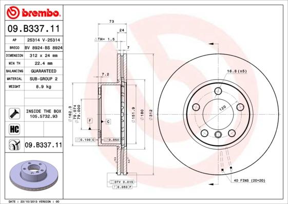 Brembo 09.B337.11 - Bremžu diski www.autospares.lv