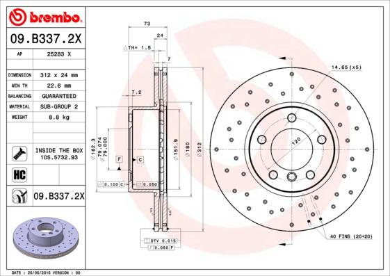 Brembo 09.B337.2X - Bremžu diski www.autospares.lv