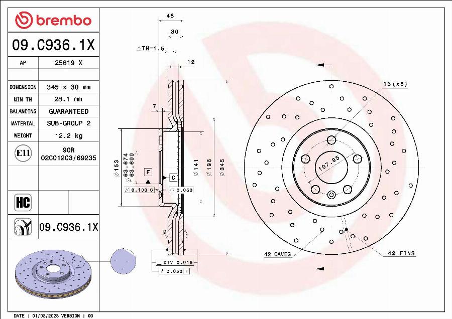 Brembo 09.C936.1X - Bremžu diski www.autospares.lv